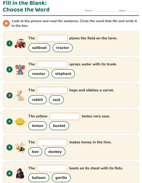 Preview of Fill in the Missing Word worksheet for grade 1