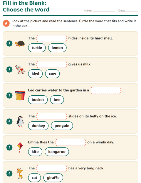 Preview of Fill in the Missing Word worksheet for grade 1