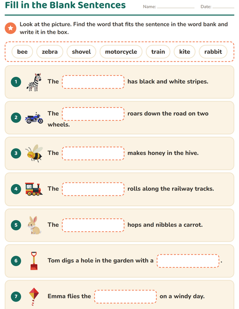 Preview of Fill in the Missing Word worksheet for grade 1