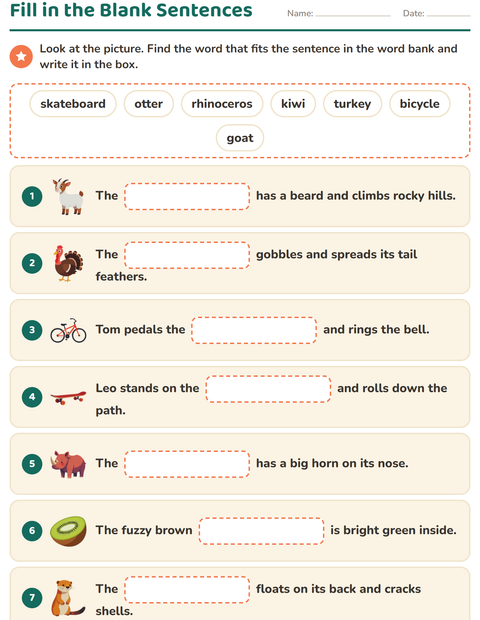 Preview of Fill in the Missing Word worksheet for grade 1