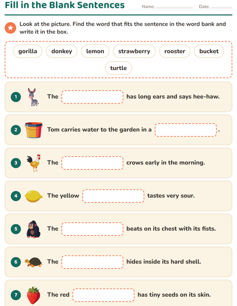 Preview of Fill in the Missing Word worksheet for grade 1