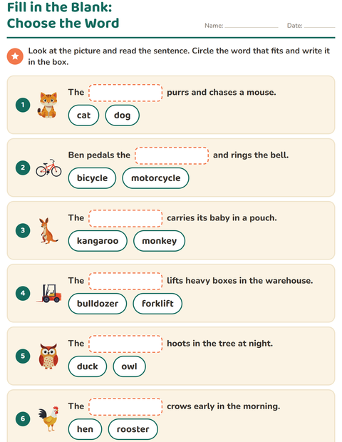 Preview of Fill in the Missing Word worksheet for grade 1