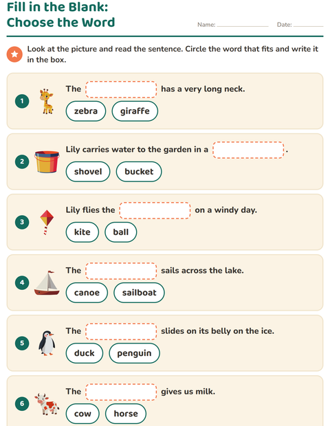 Preview of Fill in the Missing Word worksheet for grade 1