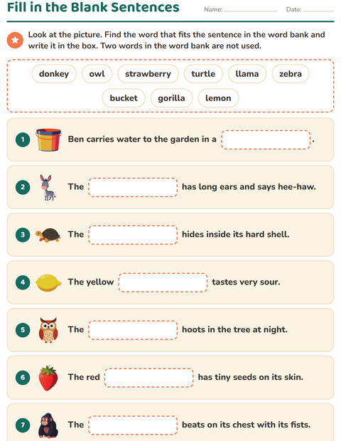 Preview of Fill in the Missing Word worksheet for grade 1