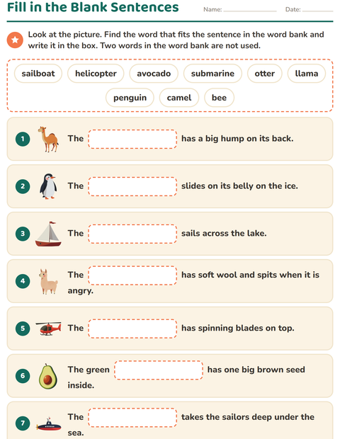 Preview of Fill in the Missing Word worksheet for grade 1