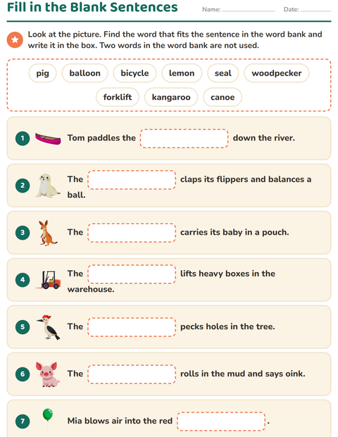 Preview of Fill in the Missing Word worksheet for grade 1