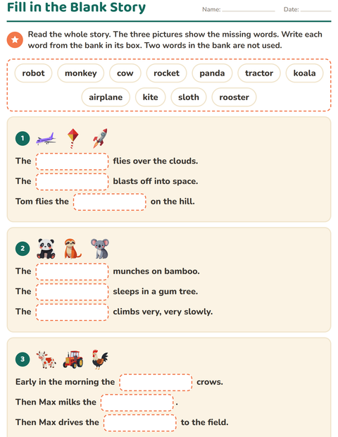 Preview of Fill in the Missing Word worksheet for grade 2
