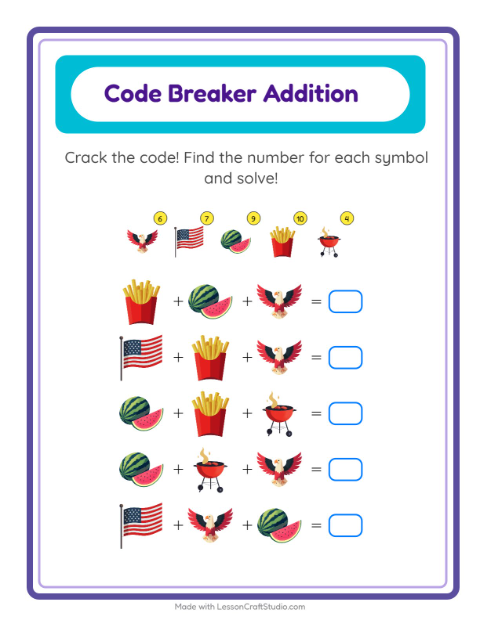 Secret Code Math with Fourth of July Things — Grade 2 — 2