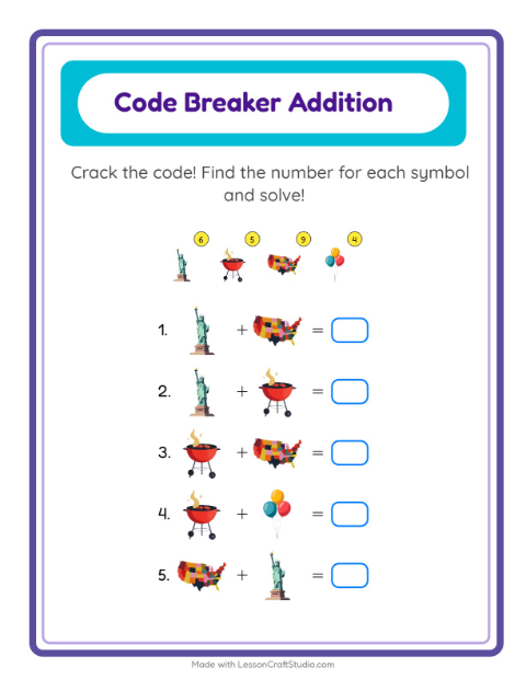 Preview of Secret Code Math with Fourth of July Things — Grade 2