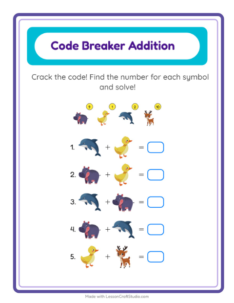 Secret Code Addition with Animals — Grade 1 — 2