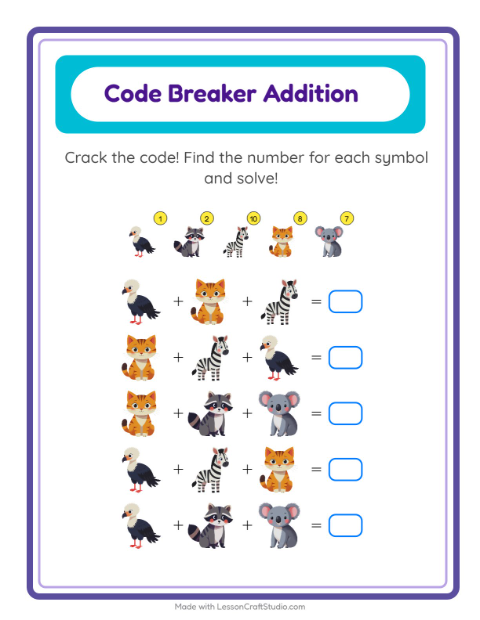 Secret Code Addition with Animals — Grade 1 — 3