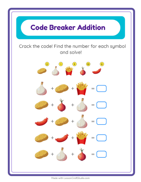 Secret Code Addition with Supermarket Things — Grade 1 — 2