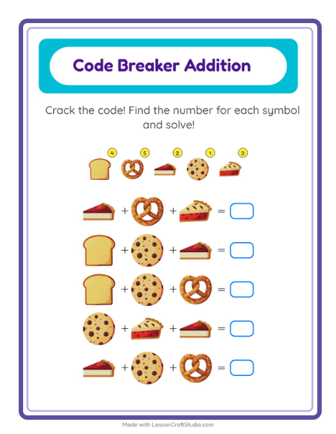 Secret Code Addition with Bakery Treats — Grade 1 — 2