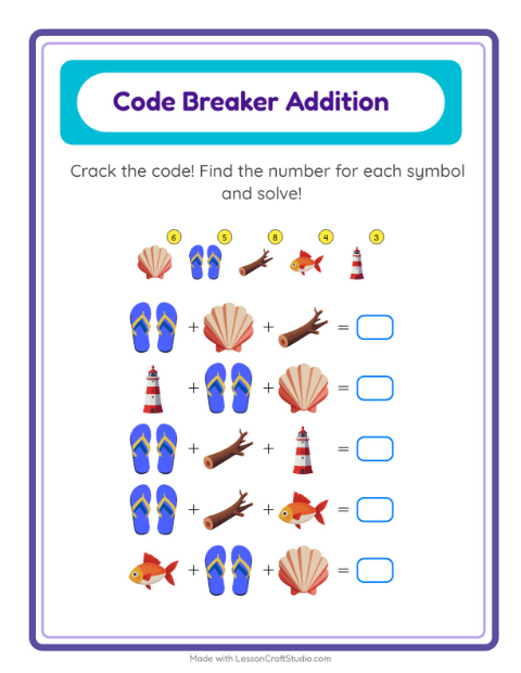 Secret Code Addition with Beach Things — Grade 1 — 2