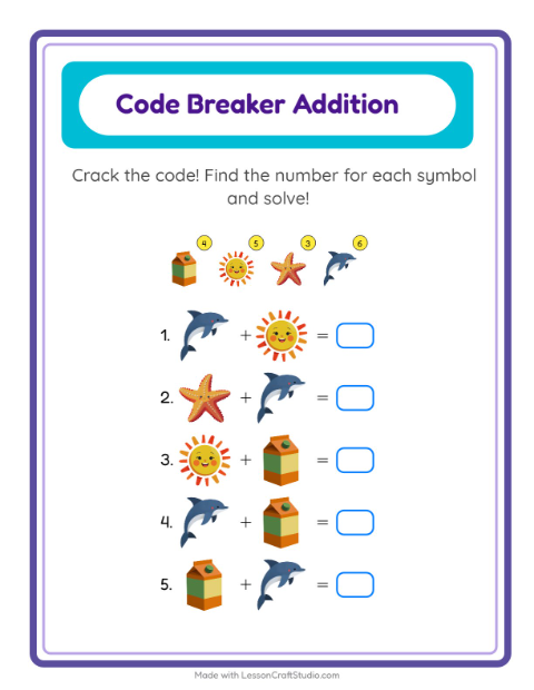 Secret Code Addition with Beach Things
