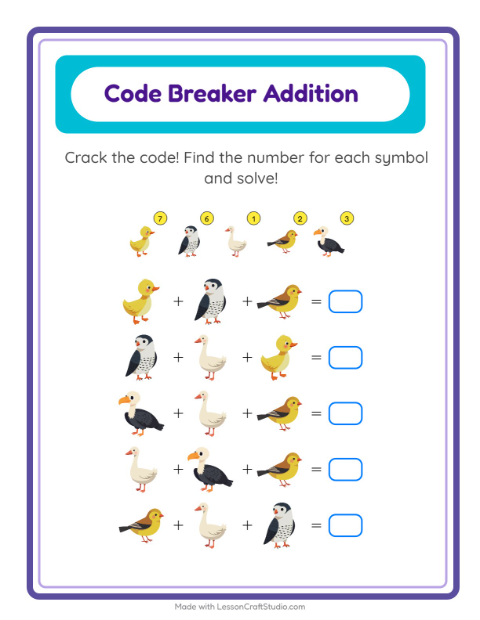 Secret Code Addition with More Birds — Grade 1 — 2