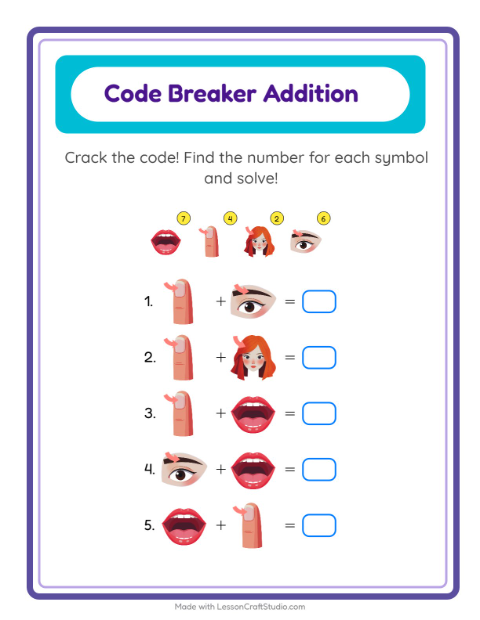 Preview of Code Addition worksheet featuring Body Parts for kindergarten