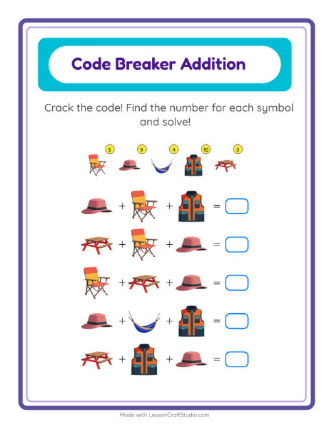 Secret Code Math with Camping Gear — Grade 2 — 2
