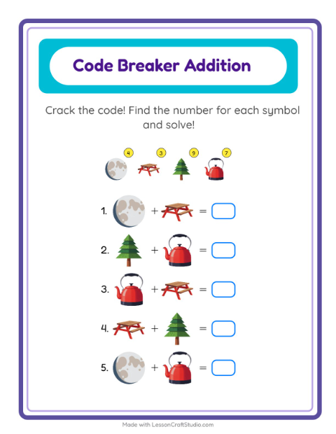Secret Code Math with Camping Gear — Grade 2