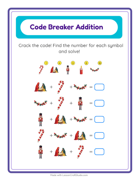 Secret Code Addition with Christmas — Grade 1 — 2