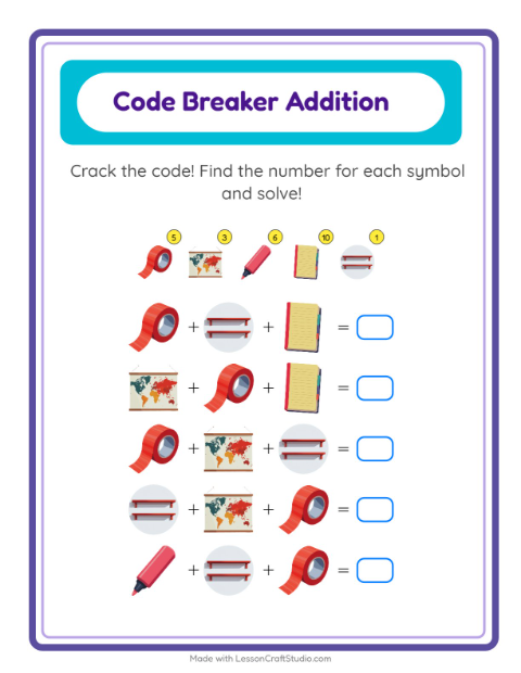 Secret Code Addition with Classroom Objects — Grade 1 — 2