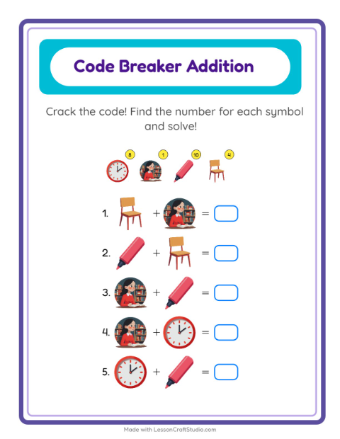 Secret Code Addition with Classroom Objects
