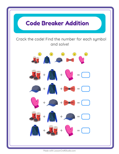 Secret Code Addition with Clothes — Grade 1 — 2