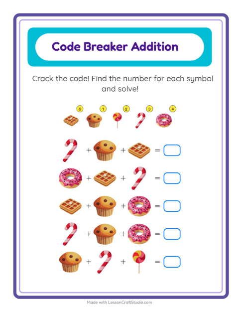 Secret Code Addition with Desserts and Sweets — Grade 1 — 2