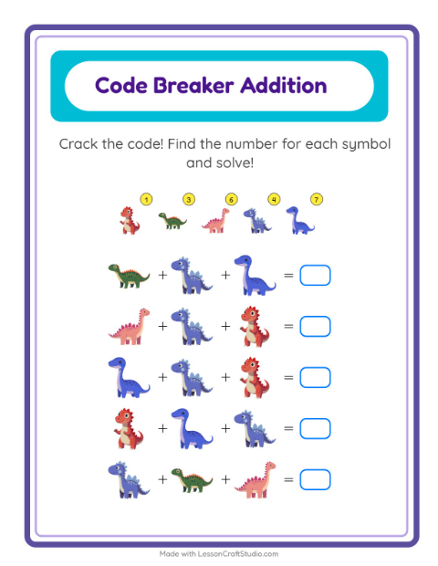 Secret Code Addition with Dinosaurs — Grade 1 — 2