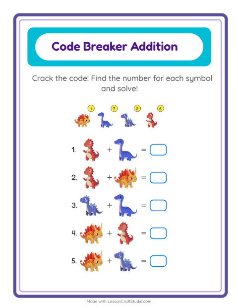Secret Code Addition with Dinosaurs
