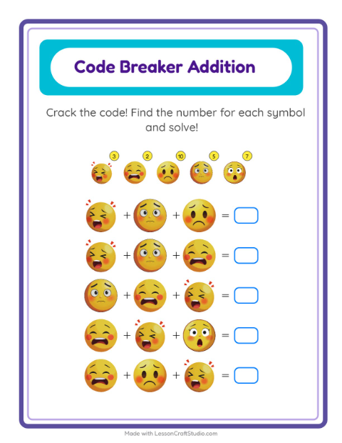 Preview of Code Addition worksheet featuring Emotions for kindergarten