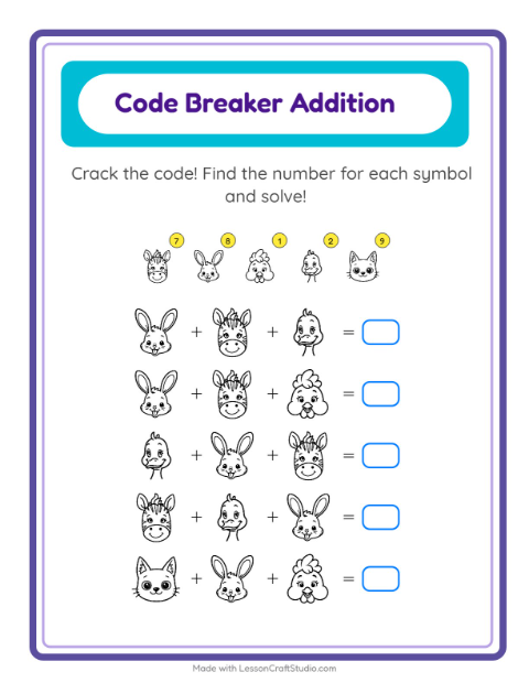 Secret Code Addition with Faces (Black & White) — Grade 1 — 2