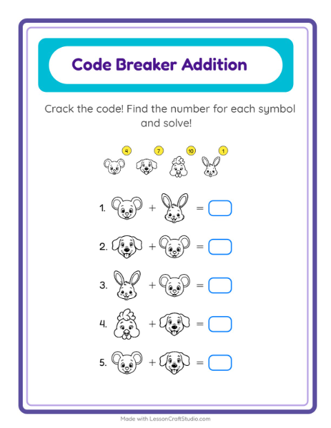 Secret Code Addition with Faces (Black & White)