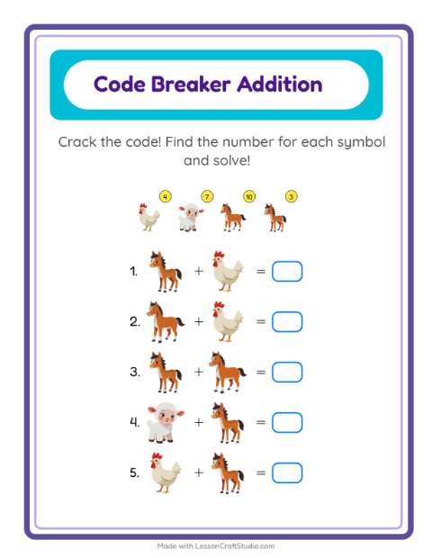 Secret Code Math with Farm Animals — Grade 2