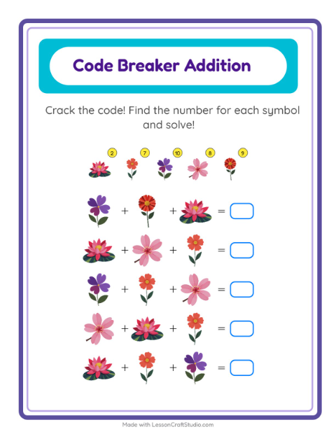 Secret Code Math with Flowers — Grade 2 — 2
