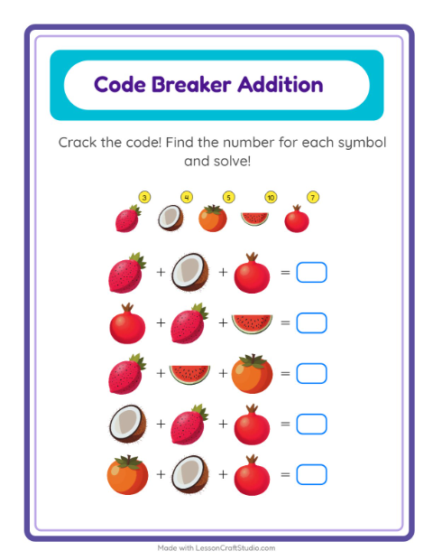 Secret Code Addition with Fruits — Grade 1 — 2