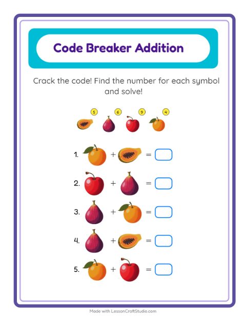 Preview of Secret Code Addition with Fruits — Grade 1