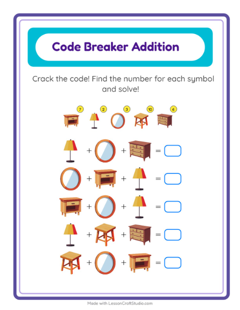 Secret Code Addition with Furniture — Grade 1 — 2