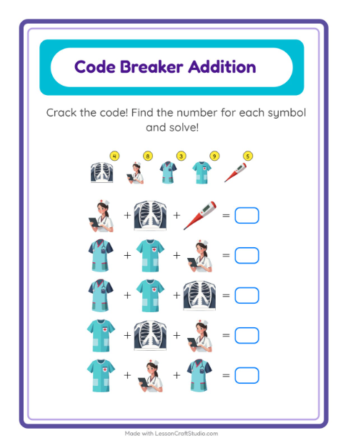 Secret Code Math with Hospital Things — Grade 2 — 2