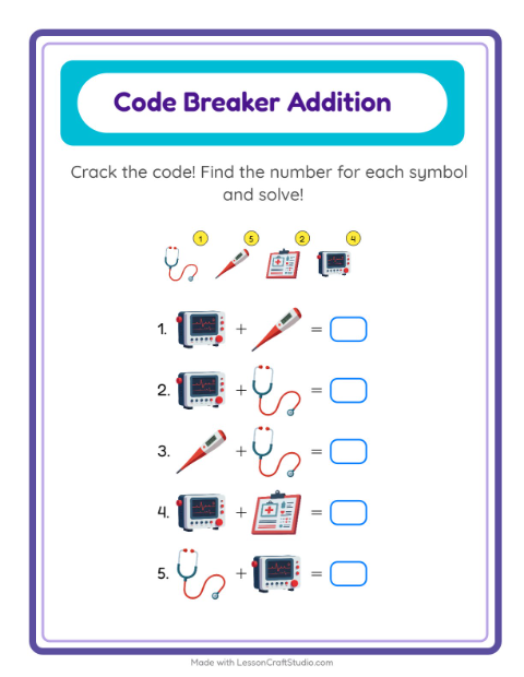 Secret Code Math with Hospital Things — Grade 2