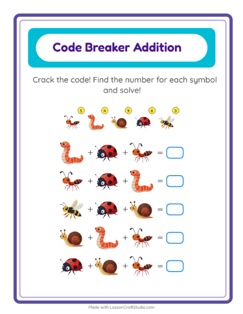 Secret Code Addition with Insects and Bugs — Grade 1 — 2