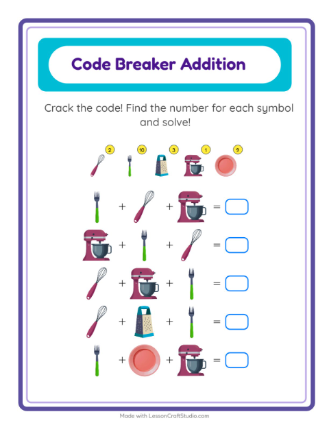 Secret Code Addition with Kitchen Tools — Grade 1 — 2