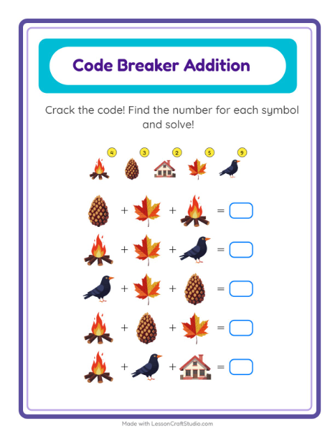 Secret Code Addition with Everyday Objects — Grade 1 — 2