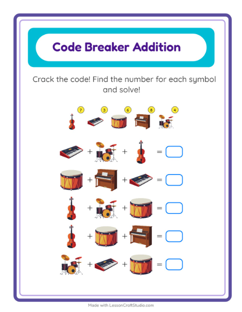 Secret Code Math with Musical Instruments — Grade 2 — 2