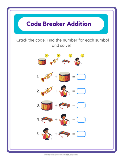 Secret Code Math with Musical Instruments — Grade 2