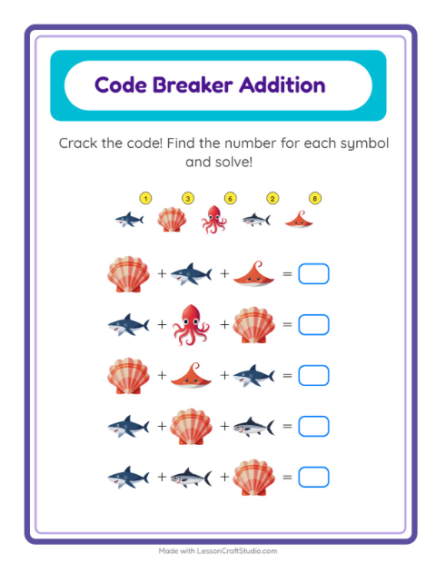 Secret Code Addition with Ocean Life — Grade 1 — 2