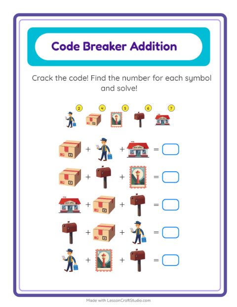 Secret Code Addition with Post Office — Grade 1 — 2