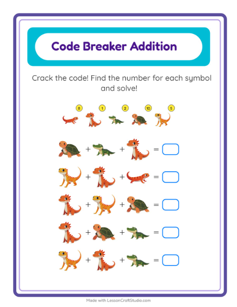 Secret Code Addition with Reptiles and Amphibians — Grade 1 — 2