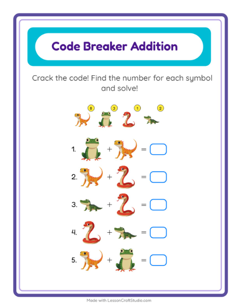 Secret Code Addition with Reptiles and Amphibians