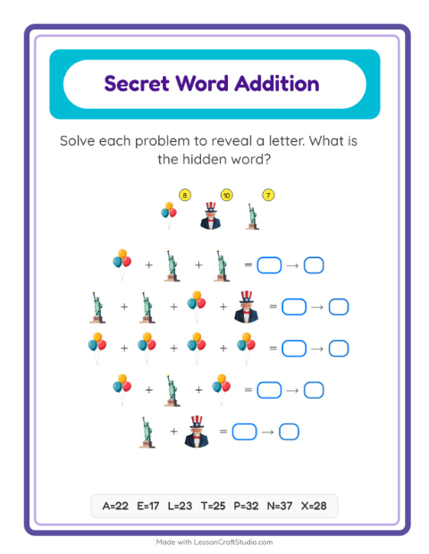 Secret Word Math with Fourth of July Things — Grade 2